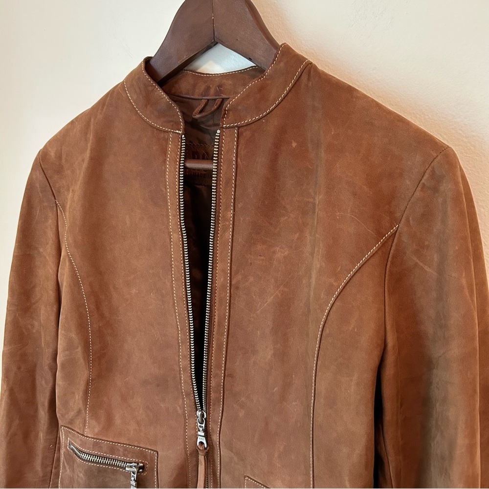 Roots Tan Brown Nubuck Leather Moto Jacket Tab Collar Zip Up - Sz 6 - Picture 3 of 16